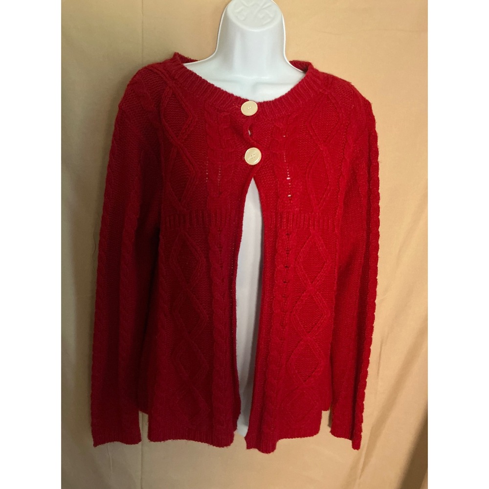 Kikit Cable Knit Cardigan Womens Large Red Excellent Two Button Open Sweater